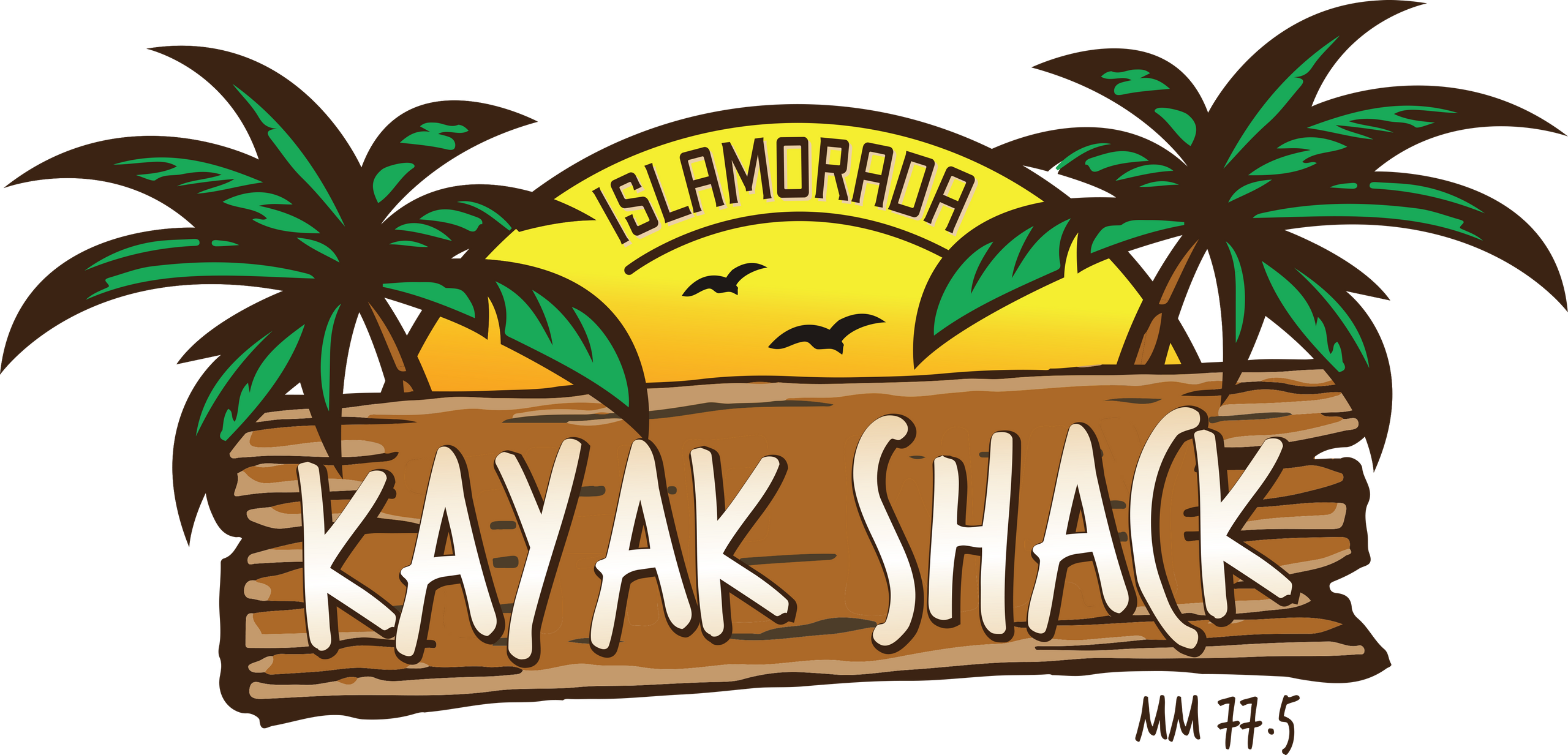 Logo with 'Kayak Shack' on wood sign, palm trees, and sunset.