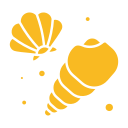 Yellow shells and dots on a white background.