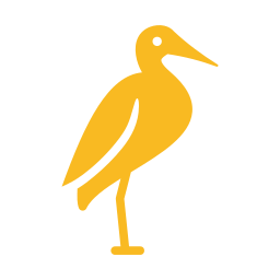 Yellow silhouette of a standing bird with long legs and beak.