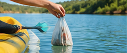 Person in kayak collects trash from lake with a net bag.